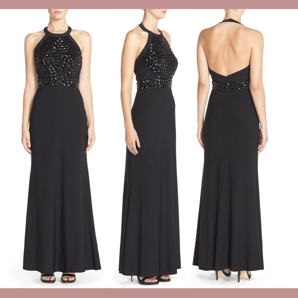 NWT $358‎ JS Collections [ 6 ] Embellished Jersey Halter Gown in Black